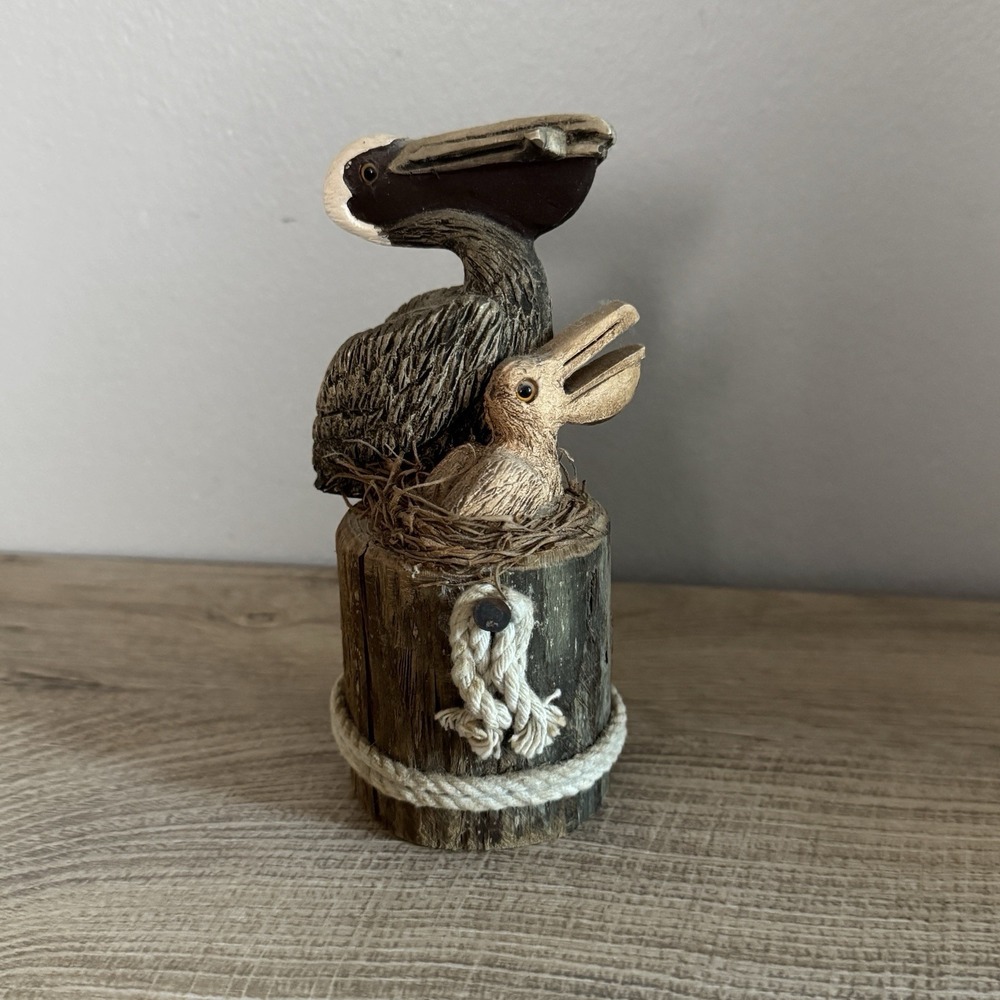 Pelican and Chick Figurine Resin‎ On Robed Pier Wood Pillar 9" Vintage 1996